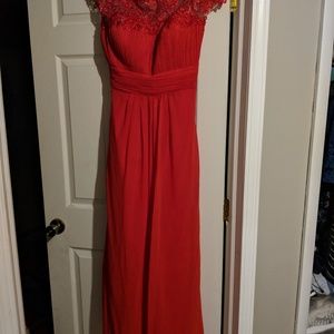 Long red formal evening dress lace bodice 16